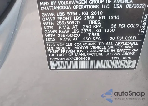 2023 Volkswagen Atlas 3.6L V6 Se W/Technology z USA, uszkodzony, nr VIN 1V2WR2CAXPC505406